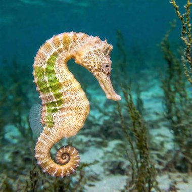 A close-up shot of a seahorse camouflaged among seagrass, with soft focus highlighting the intricate details of its body and the blurred, green underwater vegetation clipart