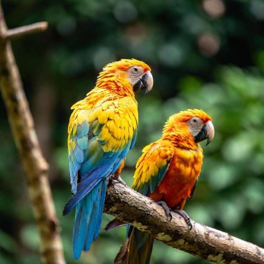 A medium shot of a flock of colorful parrots perched on a branch, with rack focus highlighting one parrot in sharp detail while others remain softly blurred clipart