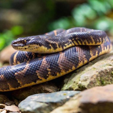 A close-up shot of a strikingly patterned snake slithering over rocks, with soft focus emphasizing the detailed scales and vibrant colors while the background is gently out of focus clipart