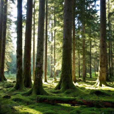 A lush green forest with towering trees reaching towards the sky, sunlight filtering through the dense canopy, casting dappled light on the moss-covered forest floor clipart