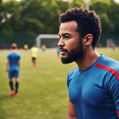 An eye-level close-up of a multiracial male soccer player ready to take a free kick, with deep focus showing his teammates and the defensive wall of the opposing team in the background, creating a tense atmosphere clipart