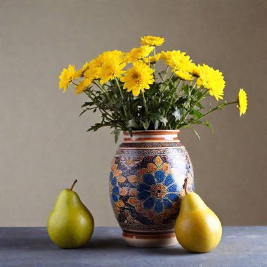 still life with a bouquet of yellow flowers and a glass of wine clipart