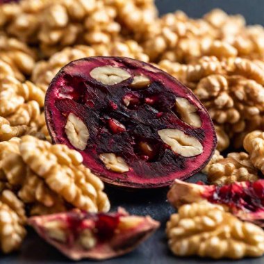 An extreme close-up of a slice of Georgian churchkhela (walnut candy), showing the glossy, deep red grape coating with a detailed view of the walnuts inside, captured at eye level, using rack focus to create depth and a photo-realistic feel clipart