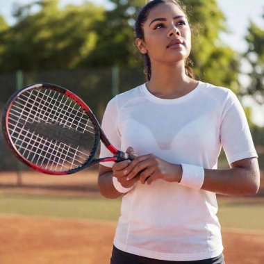 Sarayda tenis raketi olan Amerikalı genç bir bayan tenisçinin portresi. Tenis kortunda aktif bir kadın. Tenis oynayan bayan sporcu. Kadın