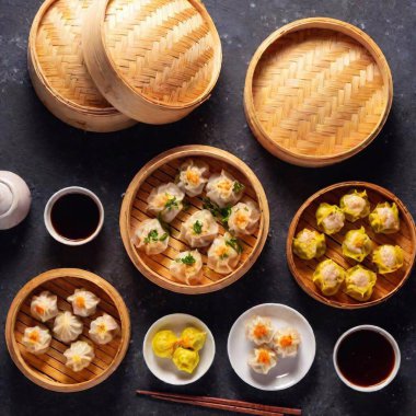 Dim Sum Feast: A colorful flatlay showcasing an assortment of dim sum, including dumplings, buns, and spring rolls, arranged on bamboo steamers, with dipping sauces and chopsticks artfully placed around. clipart