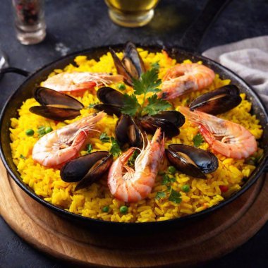 Spanish Paella: A vibrant photo of a traditional seafood paella, featuring saffron-infused rice, shrimp, mussels, and vegetables, served in a large paella pan with lemon wedges and parsley for garnish clipart