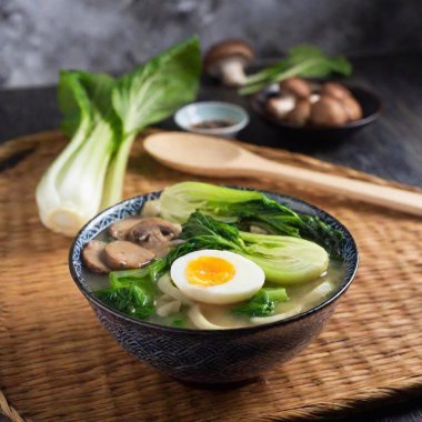 Japon Sebzeli Ramen: İçinde erişte, çeşitli sebzeler (bok choy ve mantar gibi), kaynamış yumurta ve susam tohumu serpiştirilmiş bir kase sebze rameninin buharlı fotoğrafı.