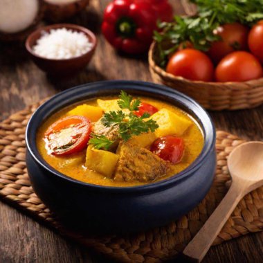 Brazilian Moqueca (Vegetarian Version): A colorful photo of a vegetarian moqueca, showcasing a coconut milk-based stew with bell peppers, tomatoes, and plantains, served in a traditional clay pot. clipart