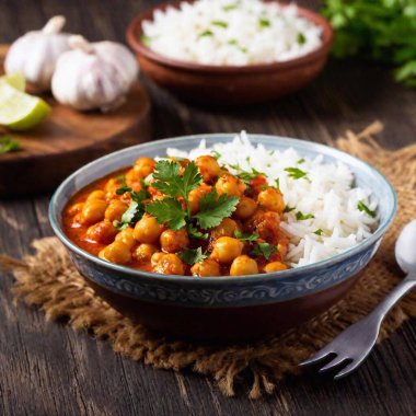 Indian Chana Masala: A vibrant photo of a steaming bowl of chana masala, featuring spiced chickpeas cooked in a rich tomato sauce, garnished with fresh cilantro and served with basmati rice and lime wedges. clipart