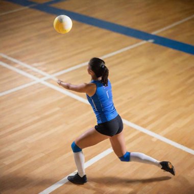 Overhead shot of an Asian female volleyball player in mid-air about to block, with deep focus on her form, the ball, and the surrounding court, including both teams and the net clipart