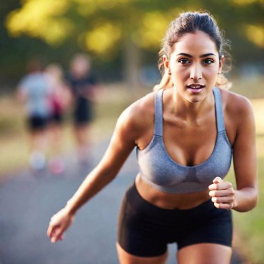 young fitness woman running in park clipart