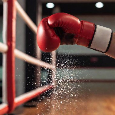 A macro, ground-level shot of a boxing glove hitting the canvas, captured with rack focus to blur the background while focusing on the impact, showing the fine details of the glove and sweat in motion clipart