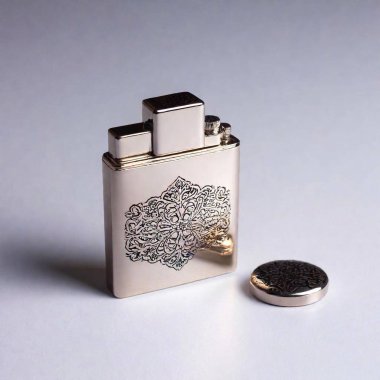 a studio shot of a classic metal lighter with a polished surface. Emphasize the sleek, reflective quality of the metal and the intricate design details. Use a simple, neutral background to highlight the lighter's elegance and craftsmanship clipart