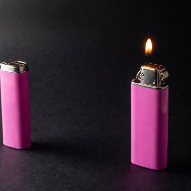 a high-contrast studio shot of a pink plastic lighter against a black background, emphasizing the interplay of light and shadow to highlight its sleek design clipart