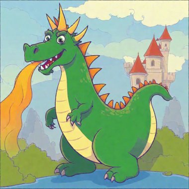 cartoon illustration of a dragon on a background of a castle clipart