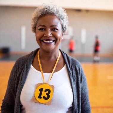 A close-up portrait of a greyhaired multiracial senior female, holding a plaque and smiling broadly during an awards ceremony for a professional basketball team. The setting emphasizes the prestige of the award clipart