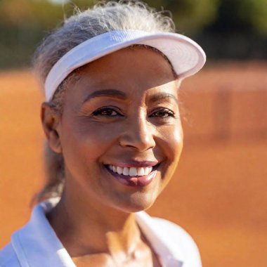 A close-up of a multiracial elderly woman tennis player wearing a headband, smiling confidently after a match. Her tennis racket rests against her leg, and the tennis court is seen slightly out of focus in the background, bathed in warm evening clipart