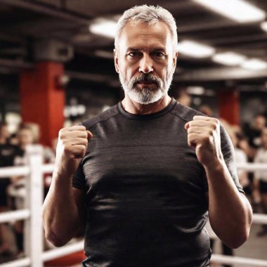 An elderly multiracial man, grey-haired and in his 60s, pumps his fists in the air after winning a boxing match. The full shot photo shows him standing tall in the ring, his victorious stance exuding confidence and pride as the crowd cheers him on clipart