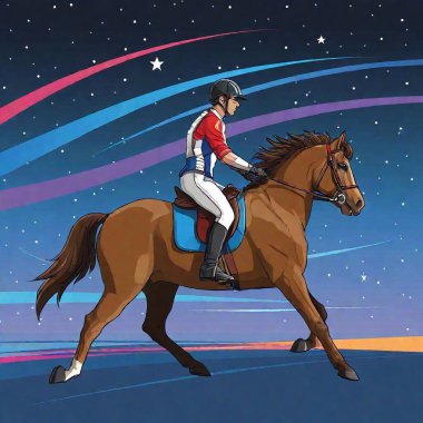 Stylized vector image of a jockey on a horse, racing under a starry sky with flowing lines and vibrant colors representing the movement and energy of the scene clipart