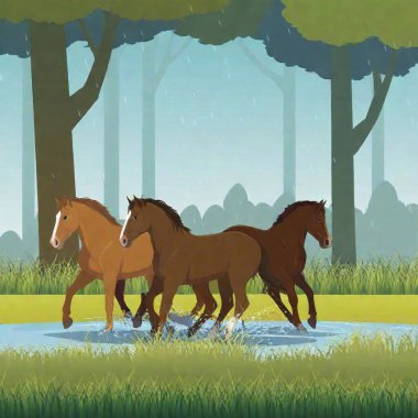 A forest horse race on a rainy day, with mud splashing beneath the horses' hooves and raindrops falling from the trees. The riders are determined, their faces set with concentration. The vector art style brings out the sleek lines of the horses and clipart