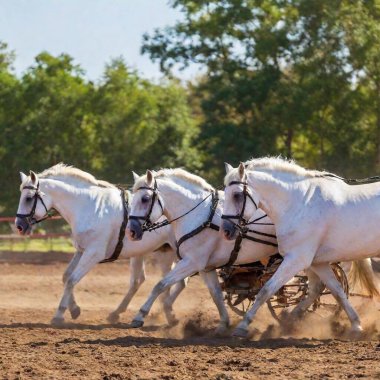 A chariot pulled by four white horses racing at full speed, their hooves pounding the ground as they surge ahead of the competition. The driver leans forward, steering them with confidence. The photo emphasizes the sheer power and coordination of clipart