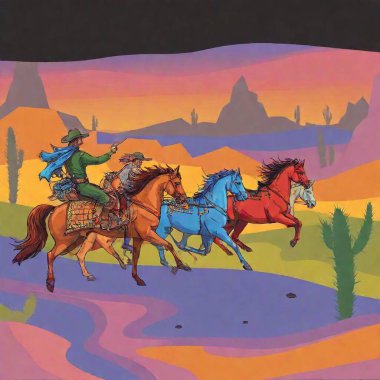 A vibrant Pop art depiction of a Wild West horse race, with bright, bold colors and exaggerated forms. Cowboys race through a desert landscape with iconic cacti and rock formations in the background. The horses are drawn in sharp, dynamic lines clipart