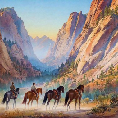 A dynamic watercolor scene of a Wild West horse race through a canyon, with earthy tones of the cliffs contrasting against the vibrant colors of the riders and horses. The fluidity of the watercolor technique emphasizes the movement of the horses as clipart