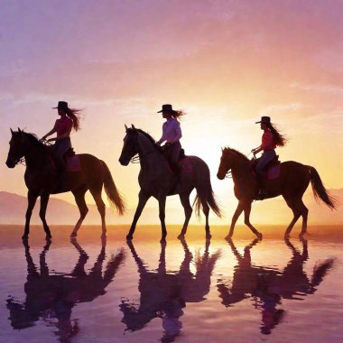 A dramatic watercolor painting of a Wild West race at sunset, with the sky painted in vibrant shades of orange, pink, and purple. The horses are silhouetted against the glowing horizon, while the riders' forms are rendered with delicate brushstrokes clipart