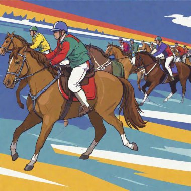 Design a Pop art poster cover for a horse racing event, featuring horses and jockeys in bold, vibrant colors and dynamic, comic-style action lines clipart