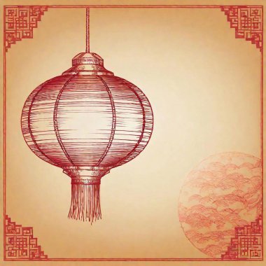 Chinese lantern drawn on post card. red tones clipart