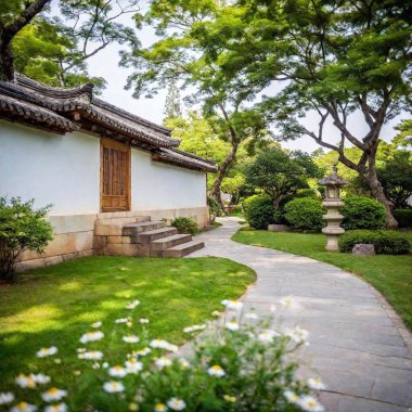 Eye-level extreme long shot of a traditional garden courtyard, with soft focus creating a dreamlike effect as the intricately designed stone pathways lead toward a pagoda, framed by blooming flowers and bamboo groves. clipart