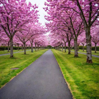 Eye-level extreme long shot of a tranquil garden path lined with cherry blossoms, with soft focus creating a dreamy effect as the path leads toward a pavilion in the distance, fading softly into the background. clipart