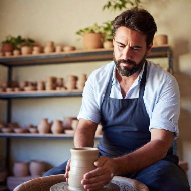 Eye-level medium shot of a potter's hands shaping a clay vessel, with rack focus starting on the spinning clay in the foreground and transitioning to the soft blur of finished pottery pieces on a shelf behind. clipart