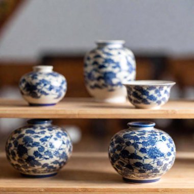 Eye-level medium shot of a display of Ming Dynasty-style porcelain, with rack focus shifting from a detailed close-up of a single piece to a soft blur of the surrounding collection of similar vases and plates. clipart