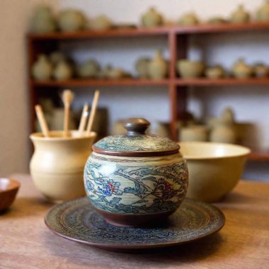 Eye-level medium shot of a collection of traditional Chinese pottery, with rack focus highlighting the smooth glaze of the central pot, while the pottery wheel and other tools in the background blur softly. clipart