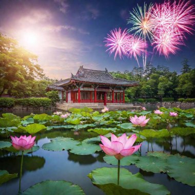 blooming lotus flower in a tranquil pond, surrounded by lush green leaves. traditional Chinese architecture and sky with fireworks at night sky clipart