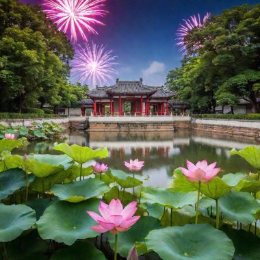 blooming lotus flower in a tranquil pond, surrounded by lush green leaves. traditional Chinese architecture and sky with fireworks at night sky clipart