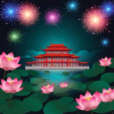 creative red tones with ink illustration with blooming lotus flower surrounded by lush green leaves. traditional Chinese architecture and sky with fireworks at night sky clipart