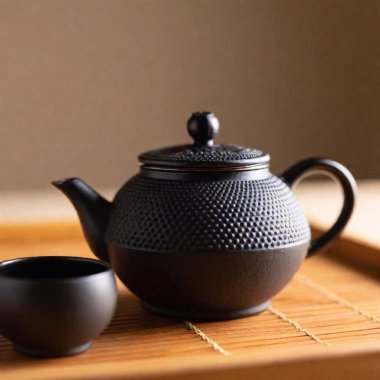 Eye-level medium shot of a traditional Chinese teapot, with rack focus emphasizing the smooth glaze and decorative patterns on the teapot's surface, while the surrounding teacups and tray blur into the background. clipart