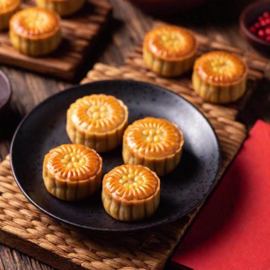 A close-up of a beautifully arranged plate of mooncakes, symbolizing family reunion during the festivities clipart