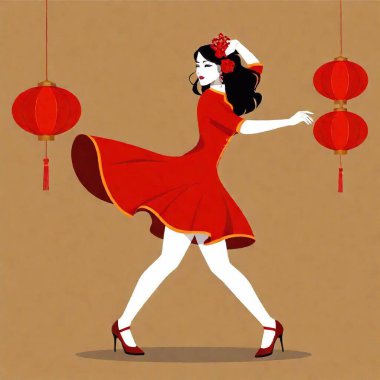 Low angle long shot of a Chinese woman dancing in a red dress, vectorized, with shallow focus highlighting her graceful movements while the festive decorations and blurred lanterns in the background evoke celebration and joy. clipart