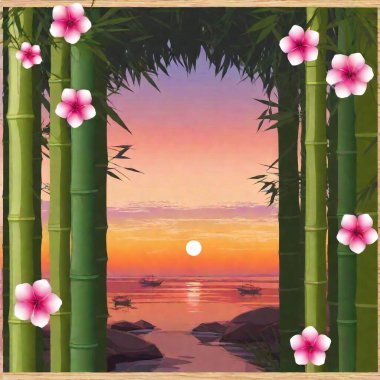 Flatlay painting of a postcard background with an extreme macro view of a red sunrise, surrounded by elements like bamboo and cherry blossoms. The focus pull enhances the beauty of each detail, creating a rich and inviting scene for China National clipart