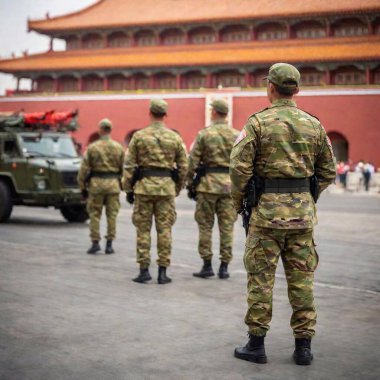 Full shot of a military parade passing through Tiananmen Square, viewed from a low angle. The rack focus draws attention to the soldiers in formation and the impressive display of military vehicles against the backdrop of the gate. clipart