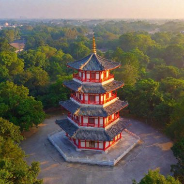 An extreme wide shot depicting a traditional Chinese pagoda at sunrise, captured from above. The soft pastel colors of the sky create a peaceful ambiance, with rack focus drawing attention to the intricate design of the pagoda. clipart