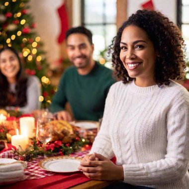 Hispanic male and female adult sharing a joyful smile during a Christmas family gathering. Soft focus enhances the warmth of their expressions, while the blurred background suggests a cozy house clipart