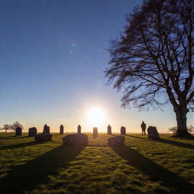 An ancient stone circle at a winter solstice festival, with silhouettes of participants performing rituals under the full moon clipart