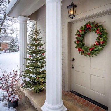 Winter scene featuring front porch, with an evergreen wreath adorned with red berries prominently displayed on the door. The deep focus captures the snowy surroundings and festive decorations, creating a magical holiday clipart