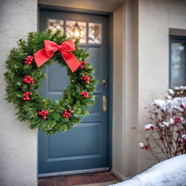 Winter scene featuring front porch, with an evergreen wreath adorned with red berries prominently displayed on the door. The deep focus captures the snowy surroundings and festive decorations, creating a magical holiday clipart