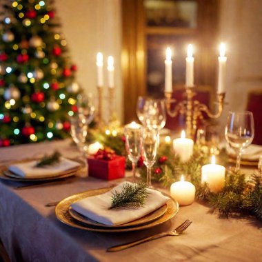 beautiful Christmas table setting with festive decorations clipart