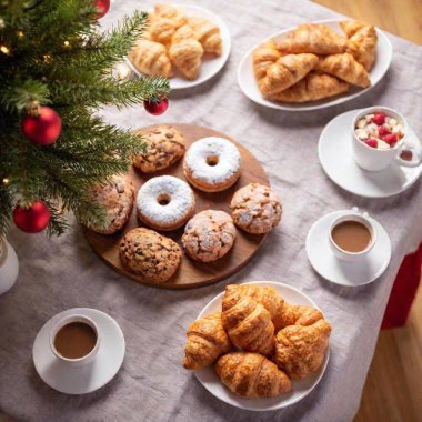 A festive breakfast table viewed from above, decorated with holiday-themed dishes, hot cocoa mugs, and a beautiful table runner. The table features a spread of seasonal treats like pastries and fruits, set against a backdrop of a twinkling Christmas clipart